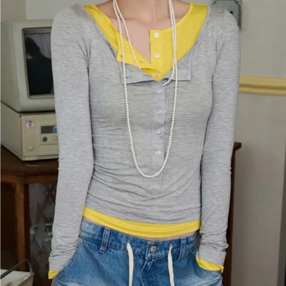 Gray and Yellow Women's Long Sleeve Top